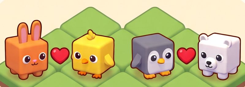 Conejo y pollito, pingüino y oso polar, con corazones